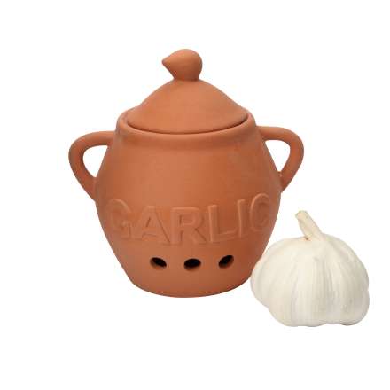 Photo of garlic storage pot and a clove of garlic